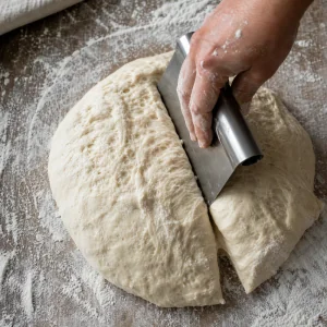 Airy ciabatta dough divided into two long loaves on a floured counter