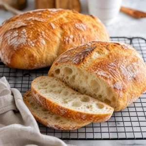 Golden ciabatta bread cooling on a wire rack with open airy crumb