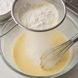 Dry ingredients sifted into the wet batter for smooth Hong Kong bubble waffles.