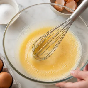 Eggs and sugar whisked together until pale and lightly frothy for bubble waffles.