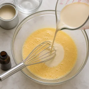 Evaporated milk, water, and vanilla stirred into the egg mixture.