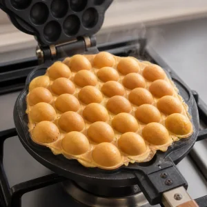 Golden bubble waffle cooking in the iron until crisp and released.