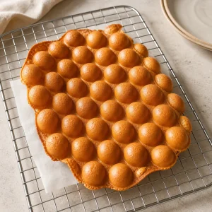 Golden Hong Kong bubble waffle cooling on a wire rack