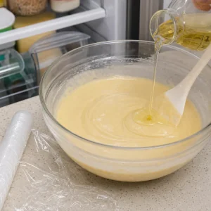 Vegetable oil folded into smooth batter before resting for airy bubbles.