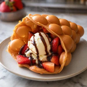 Warm Hong Kong bubble waffle served with strawberries, vanilla ice cream, and chocolate drizzle.