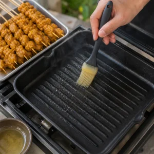 A grill pan brushed with oil while marinated chicken skewers wait nearby.