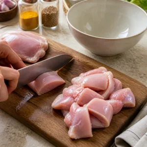 Chicken thighs cut into bite-sized pieces for Indonesian satay.