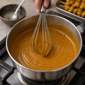 Smooth thick peanut sauce being whisked on the stove.