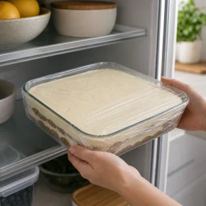 Assembled tiramisu covered with plastic wrap before chilling.