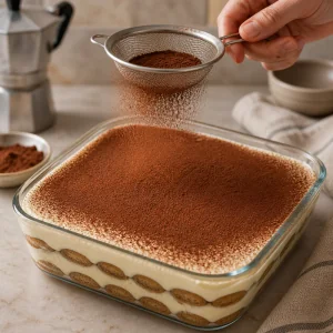 Cocoa powder sifted over the top of chilled tiramisu.