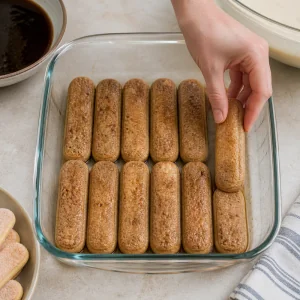 Coffee-dipped ladyfingers arranged in a square dish.