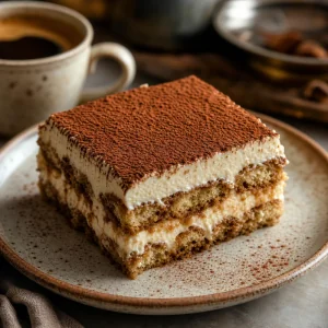 Layered Italian tiramisu slice dusted with cocoa beside espresso.