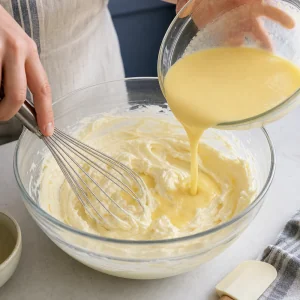 Mascarpone whisked with chilled egg custard until smooth.