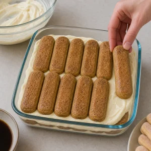 Second layer of dipped ladyfingers added over mascarpone cream.