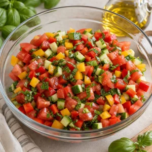 Diced tomatoes, peppers, cucumber and basil in a bowl