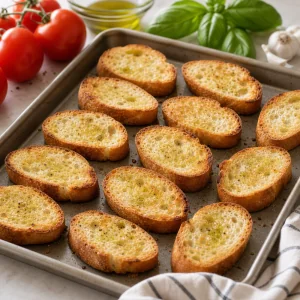 Golden toasted bread slices on a baking sheet