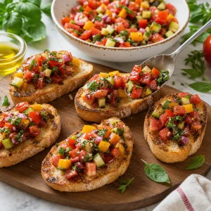 Toasted bread topped with colorful vegetables