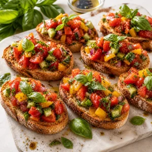 Vegetable bruschetta garnished with fresh basil
