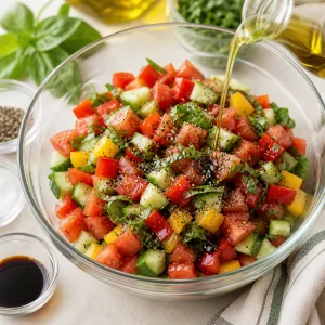 Vegetable topping mixed with olive oil and balsamic