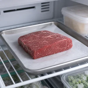Beef firming on a tray in the freezer before slicing