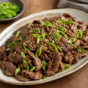 Finished bulgogi garnished with sesame seeds and green onions