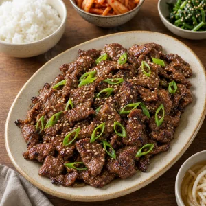 Finished Korean beef bulgogi with sesame seeds and green onions