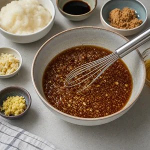 Sweet pear soy marinade whisked with garlic and ginger
