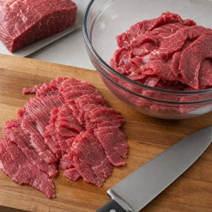 Thinly sliced raw beef placed beside a mixing bowl