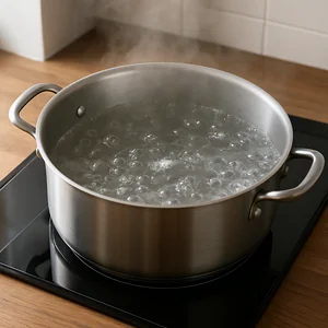 A pot of water is boiling with salt dissolving on the surface.