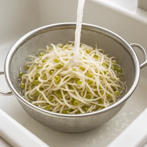 Blanched sprouts drain in a colander under very cold running water.