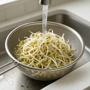 Mung bean sprouts are rinsed in a colander under running water, with a few loose skins visible.