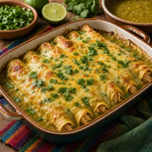 Enchiladas de pollo horneadas con queso fundido y cilantro