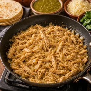 Pollo deshebrado calentado con cebolla y ajo en una sarten