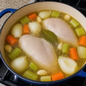 Chicken breasts simmering in broth with onion garlic carrots celery and bay leaf
