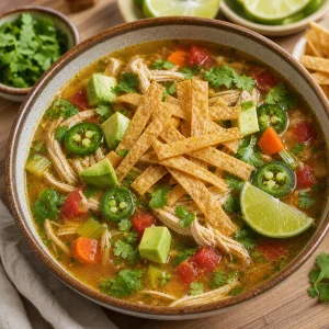 Finished Mexican chicken soup with lime cilantro avocado jalapenos and crispy tortilla strips