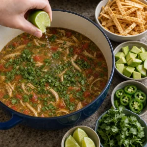 Lime juice and cilantro added to Mexican chicken soup with toppings ready