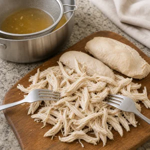 Poached chicken breast shredded with two forks beside strained golden broth