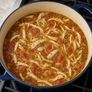 Shredded chicken simmering with diced tomatoes cumin and oregano in golden broth