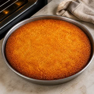 Baked kunafa in the pan with a deep golden crispy top.