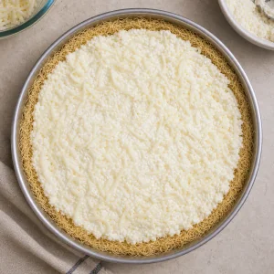 Cheese filling spread evenly over the kataifi pastry base.