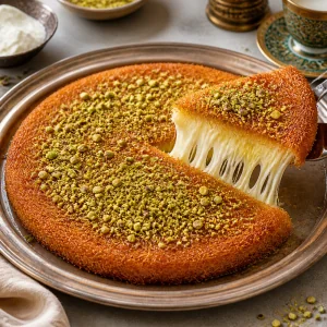 Golden Middle Eastern cheese kunafa with rose syrup, crushed pistachios, and stretchy melted cheese.