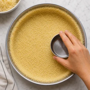 Kataifi pastry pressed firmly into a round pan to form the kunafa crust.