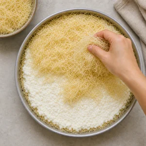 Remaining kataifi scattered over the cheese layer before baking.
