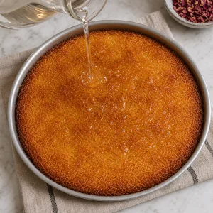 Rose syrup poured over hot baked kunafa in the pan.
