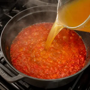 Chicken stock poured into red jollof sauce and brought to a boil
