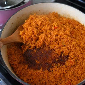 Finished jollof rice fluffed in the pot with a lightly charred smoky bottom