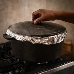 Jollof rice pot sealed with foil and covered with a lid to trap steam