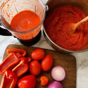 Red peppers tomatoes scotch bonnet and onion blended and reduced into jollof paste
