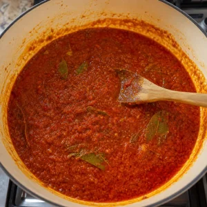 Reduced pepper blend simmering with curry thyme and bay leaves until oil separates