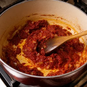 Tomato paste frying with softened onions in a heavy pot